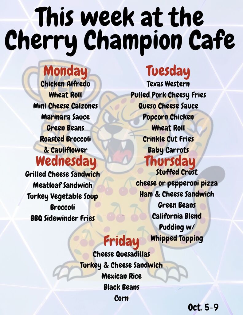 A menu with five days of meals. Each day has a different image of a cat and the meals for that day.