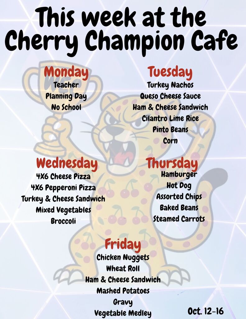 Menu board showing days of the week from Monday to Friday with meals listed for each. Bright background with a cheetah illustration.