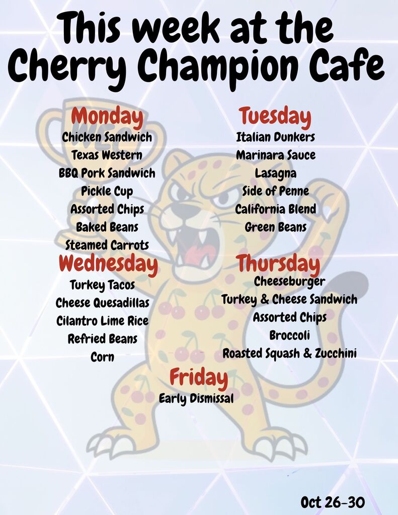 A menu with meals listed for each day of the week. It is bright blue and red.