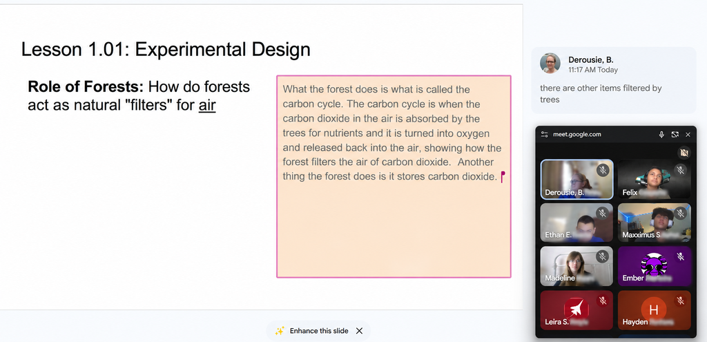 An 8th-grade Environmental Science live lesson shows a student’s written response about forests and the carbon cycle alongside Ms. Derousie’s feedback encouraging the student to expand their thinking.