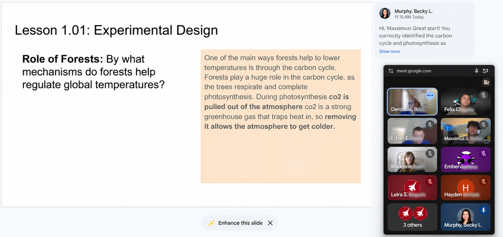 An 8th-grade Environmental Science live lesson asks students to explain how forests filter air, with a student response about the carbon cycle and teacher feedback prompting deeper thinking.
