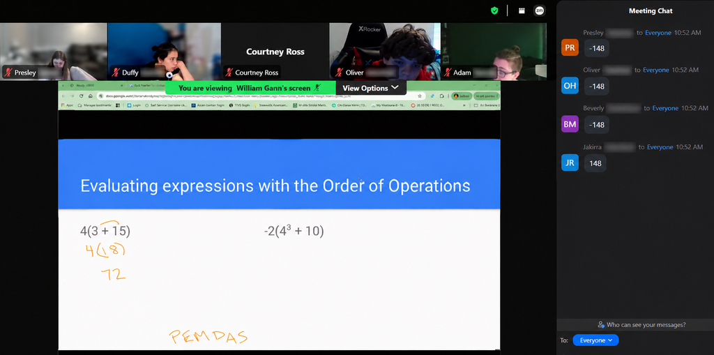 Sixth-grade students actively respond in the Zoom chat while Mr. Gann guides them through evaluating expressions using the order of operations during a virtual math lesson.