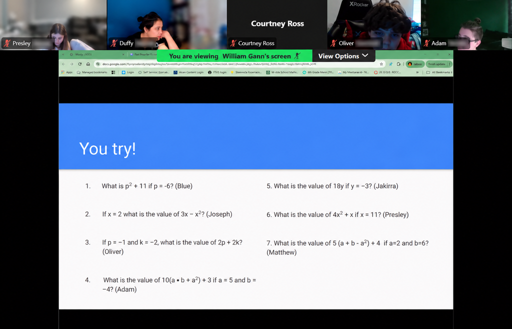A computer screen with a lesson titled "You try!" A grid of six mathematical problems is displayed.