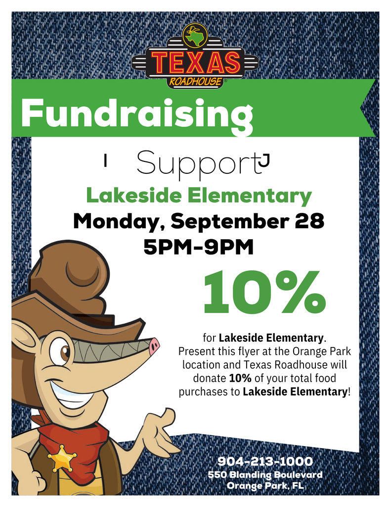 Flyer for Lakeside Elementary fundraising event on Monday, September 28. Features a cartoon character with cowboy hat and scarf.