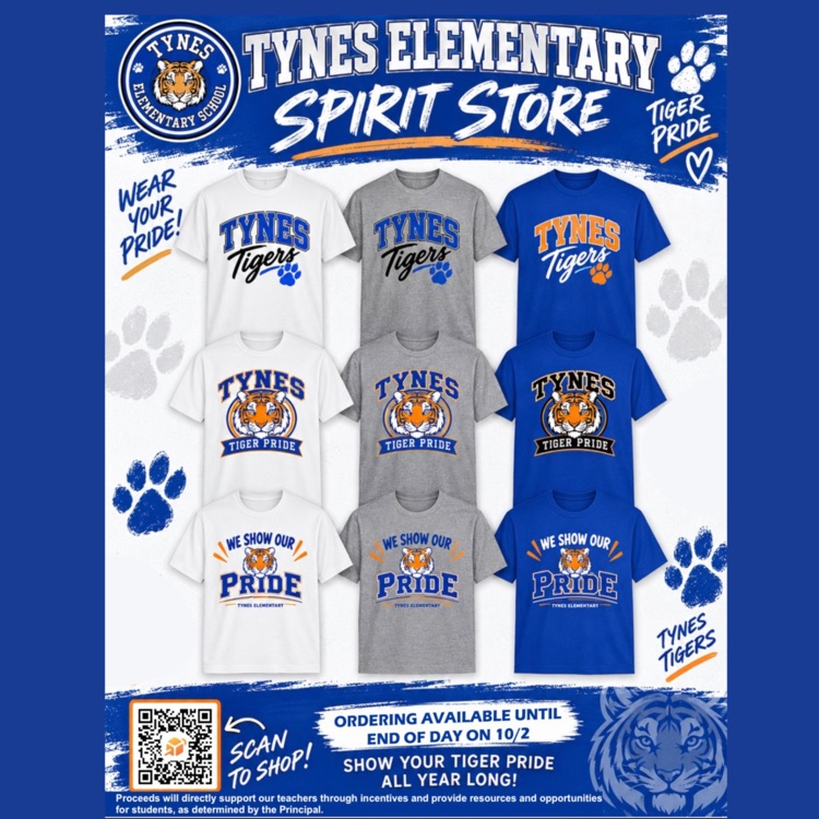 Don’t forget to grab your Tynes Tiger gear! Our Spirit Store is open through October 2. Scan the QR code on the flyer to shop and show your Tiger Pride all year long! 💙