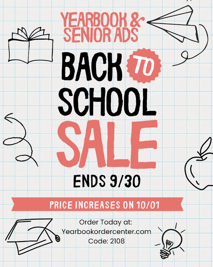 Back-to-school sale flyer with sale ending on 9/30. Price increase on 10/01. Code: 2108. Includes yearbooks and senior ads.