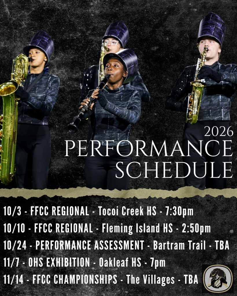 An advertisement displays the OHS band with members playing saxophone and clarinet. Dates and locations are listed for the 2026 performance schedule