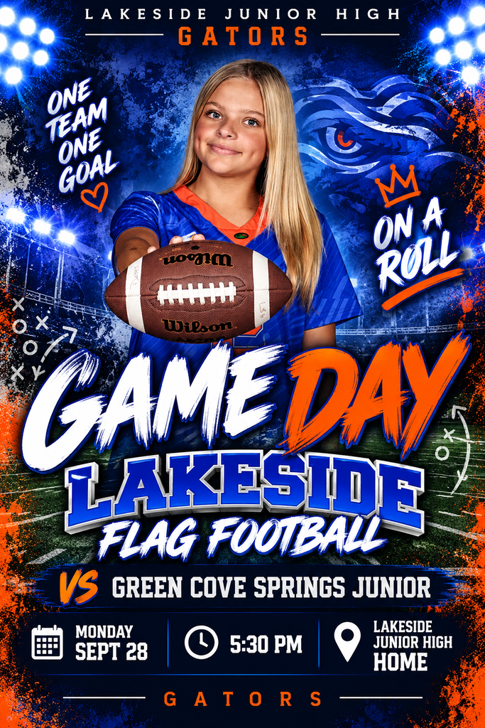 A poster promotes a high school football game. A female player holds a football. The text reads "Game Day: Lakeside Flag Football."