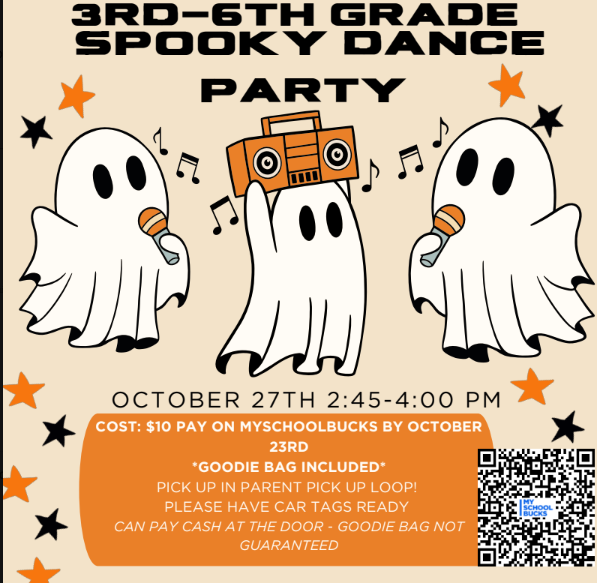 Poster for a ghost-themed dance party. Three white ghosts hold microphones and a boombox. Stars and QR code present.