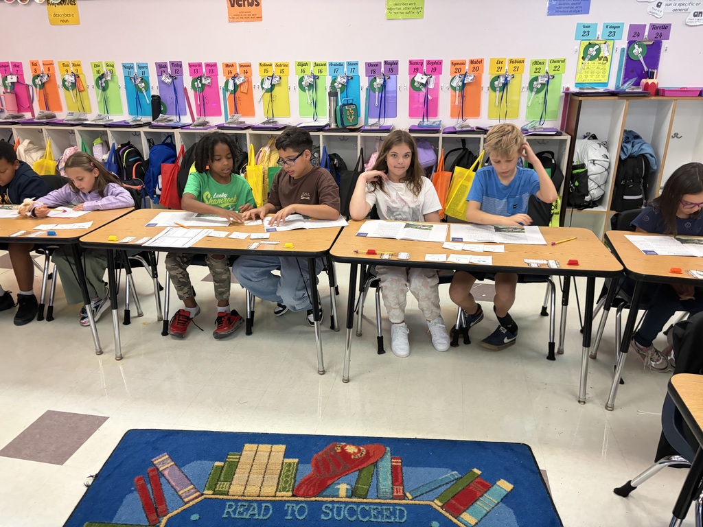 Children seated at desks in a classroom. Desks and chairs in rows, colorful bulletin boards, and floor rug.