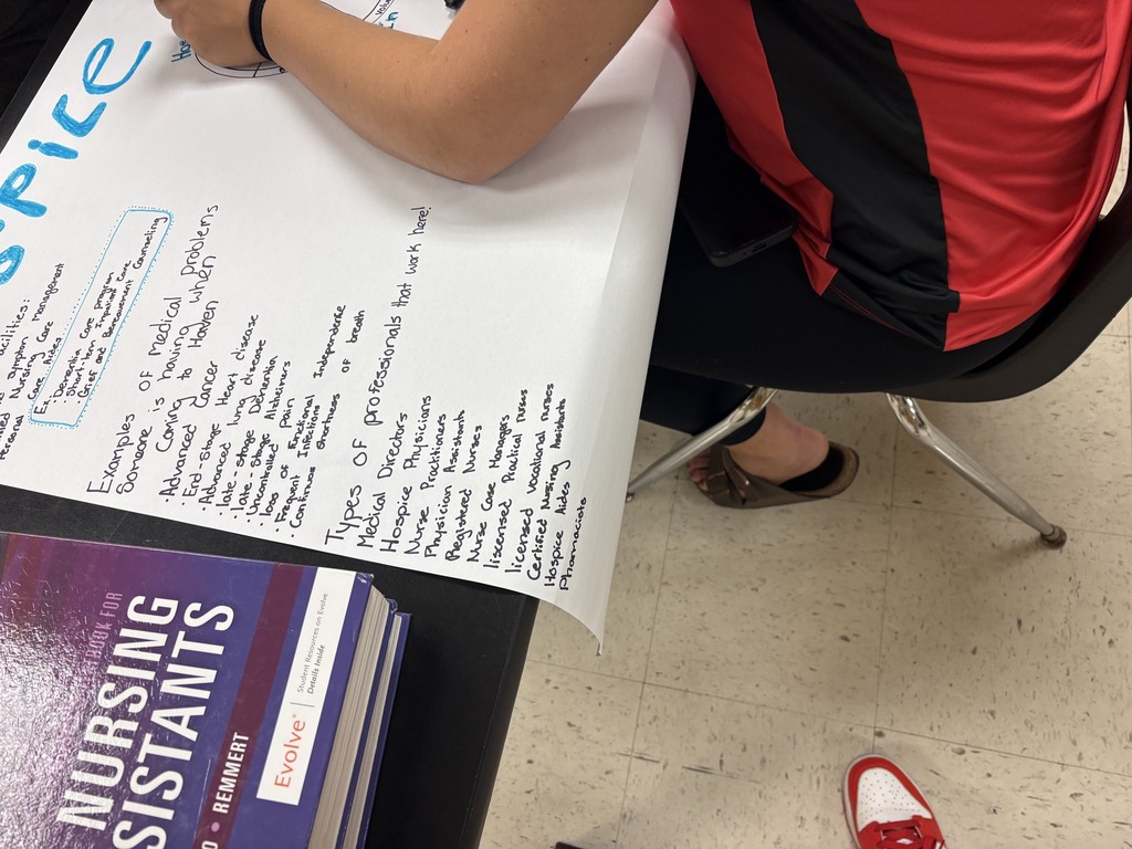 Person sitting at a desk writing on a large white paper. A book titled "Nursing Assistants" sits on the desk.