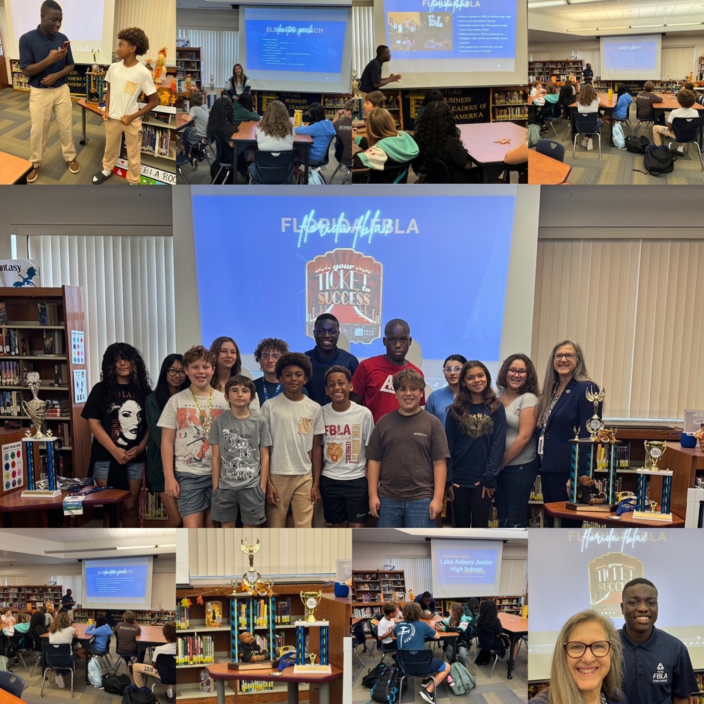 A collage of students, teachers, and staff gathered, smiling and posing with trophies in a library setting.
