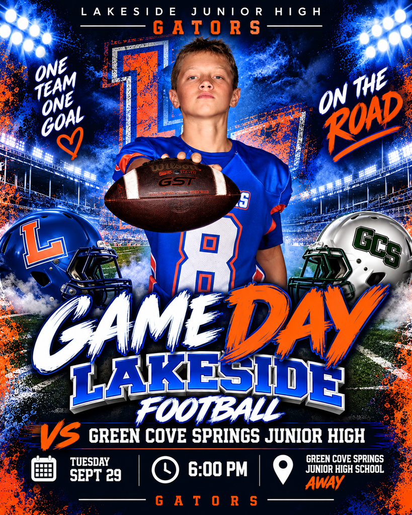An advertisement with a young player in a blue uniform holding a football. Text reads "Game Day Lakeside Football."