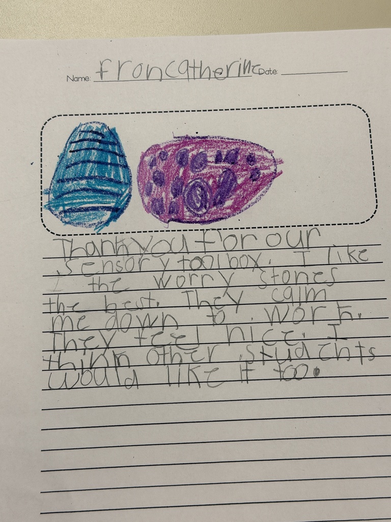 A handwritten note on paper. Drawings include a blue and a purple object. The text mentions "Thank you for our" and "Sensor you like".