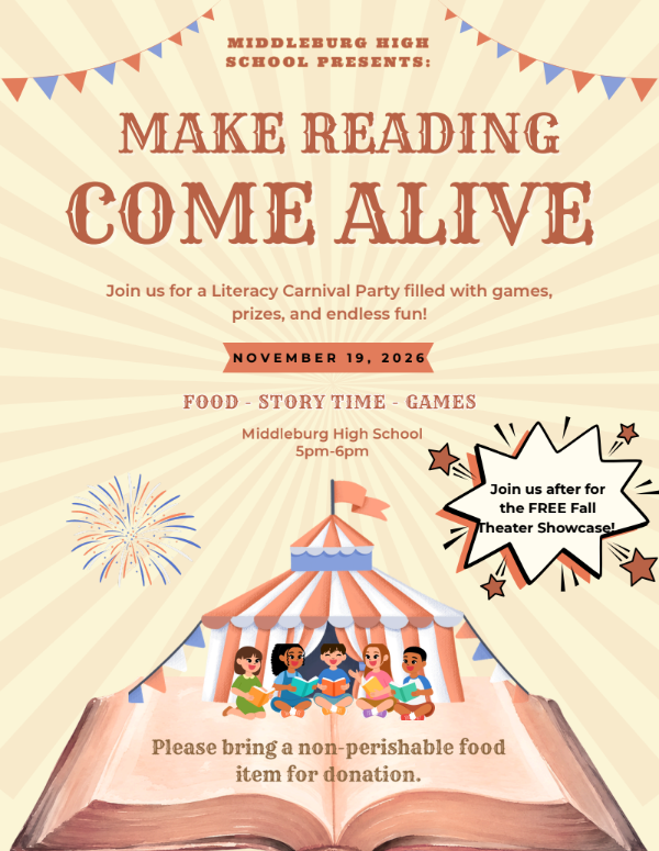 Poster advertises an event. The title is "Make Reading Come Alive." It depicts a tent, kids, and a book.
