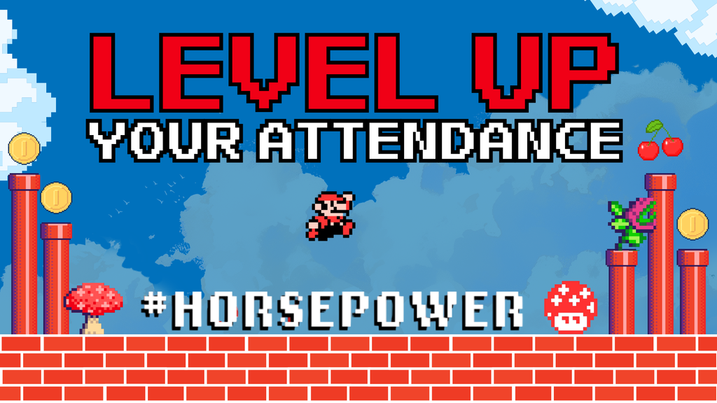 A digital banner with a video game theme. Red brick wall with characters and objects like mushrooms and coins.
