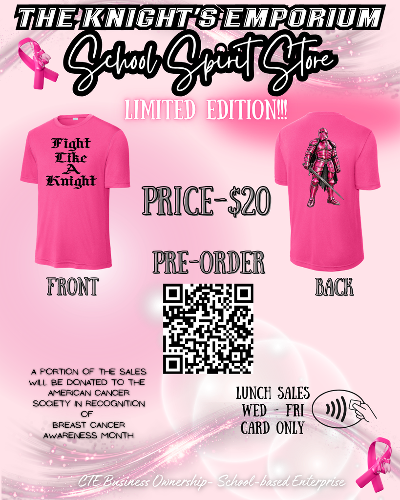 Advertisement for pink limited edition T-shirts with a knight design, priced at $20. Pre-order instructions and QR code for ordering.