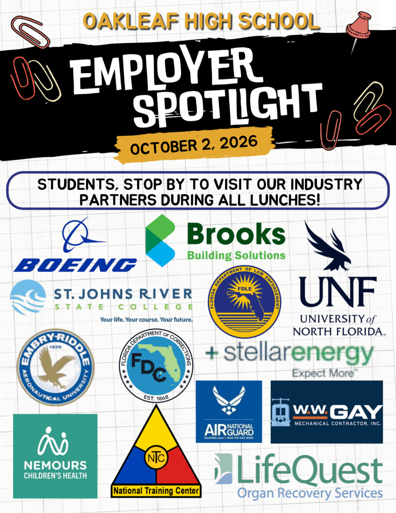 An event flyer for "Employer Spotlight" on October 2, 2026, with logos of Boeing, Brooks, and others, inviting students to stop by their booth during lunch.