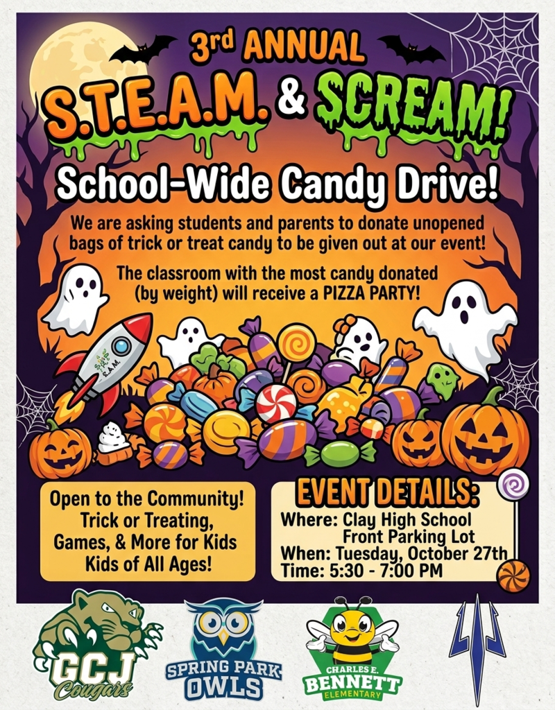 A poster for a candy drive event. It features ghosts, pumpkins, and candy. It also contains details for the event.