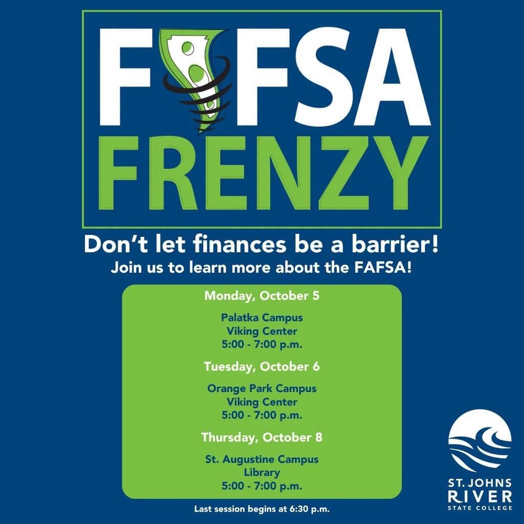 An event flyer in blue and green highlights a four-day financial assistance event with dates and times.