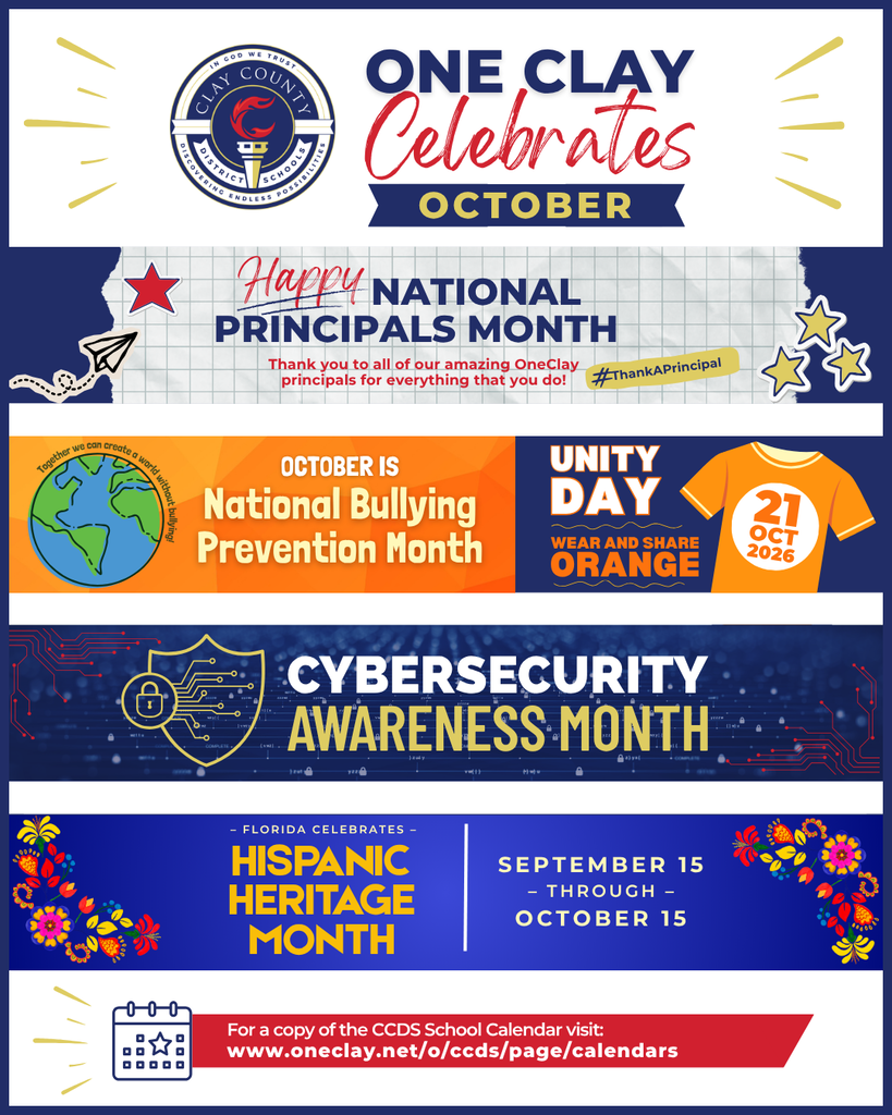 A multi-colored graphic features different banners highlighting various months, including National Principals Month, National Bullying Prevention Month, Cybersecurity Awareness Month, and Hispanic Heritage Month.