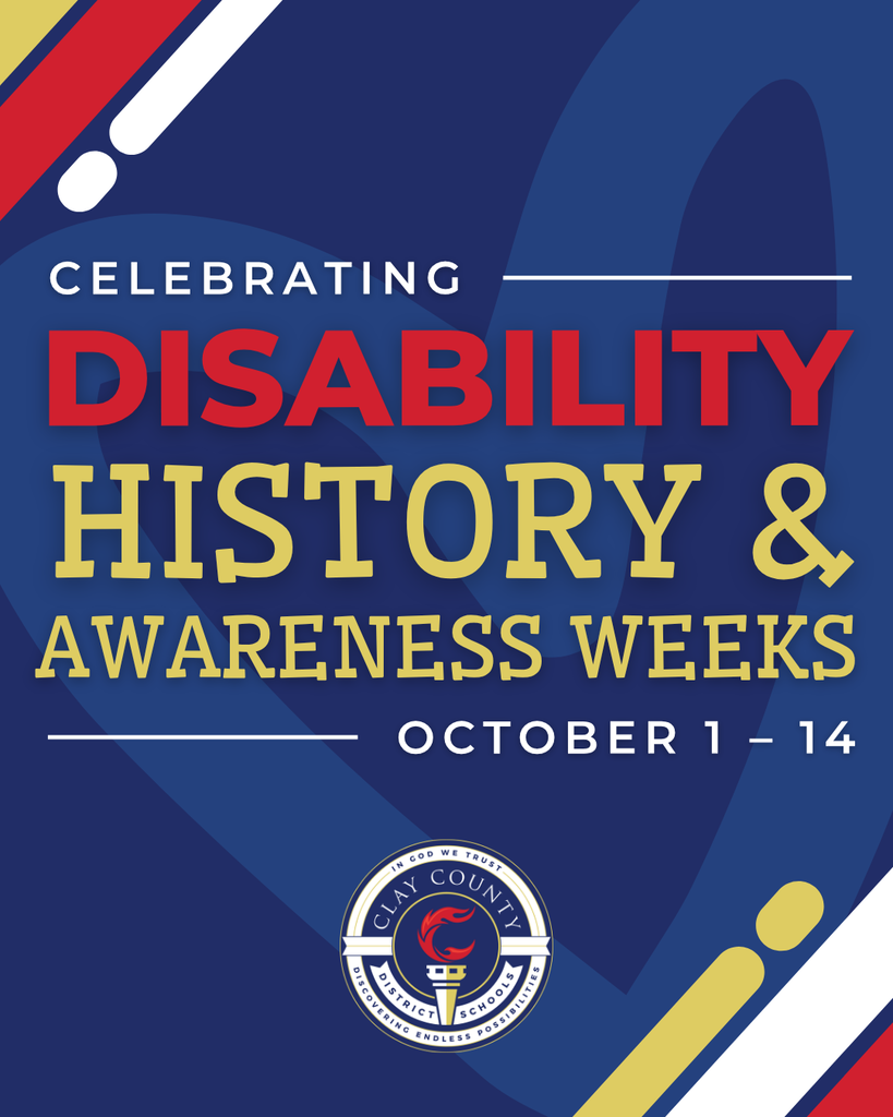 Blue, red, and yellow text reads "Celebrating Disability History & Awareness Weeks October 1 - 14." Logo in white circle.