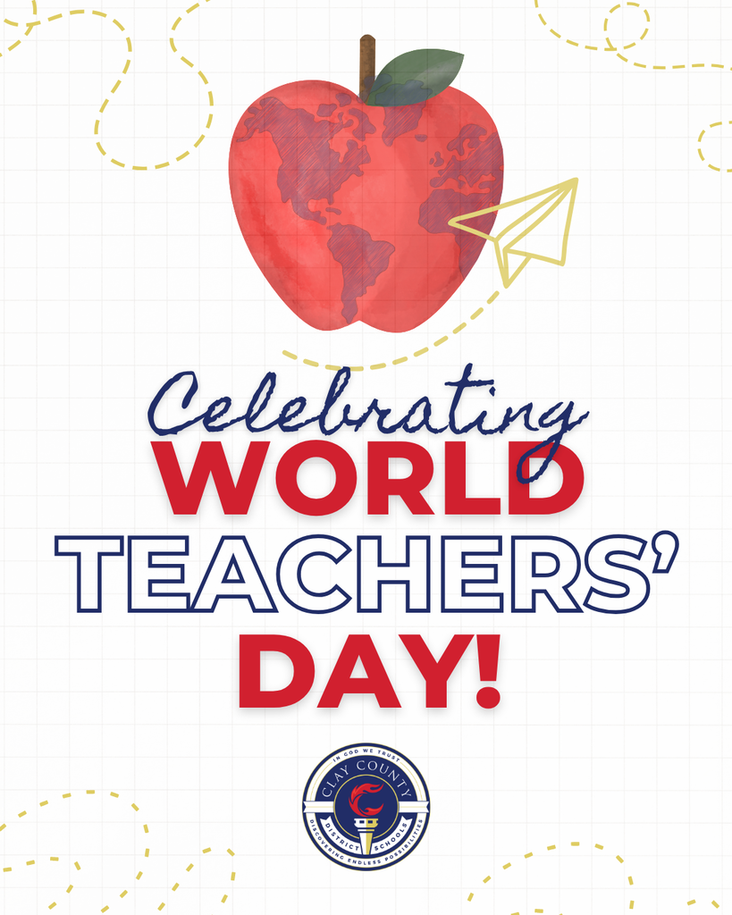 A white backdrop with a red apple map, paper airplane, and "Celebrating World Teachers' Day!" text. A blue and white logo at bottom.