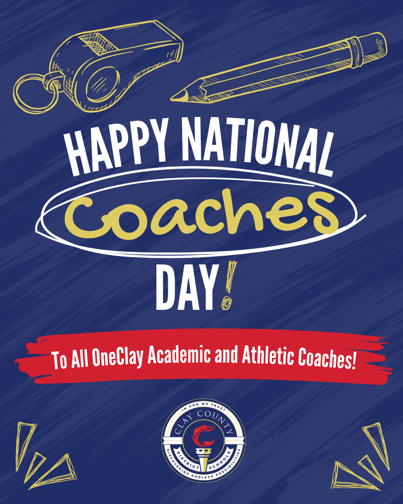 Blue background with text "Happy National Coaches Day!" and icons of a whistle and pencil, plus a red banner with logo.
