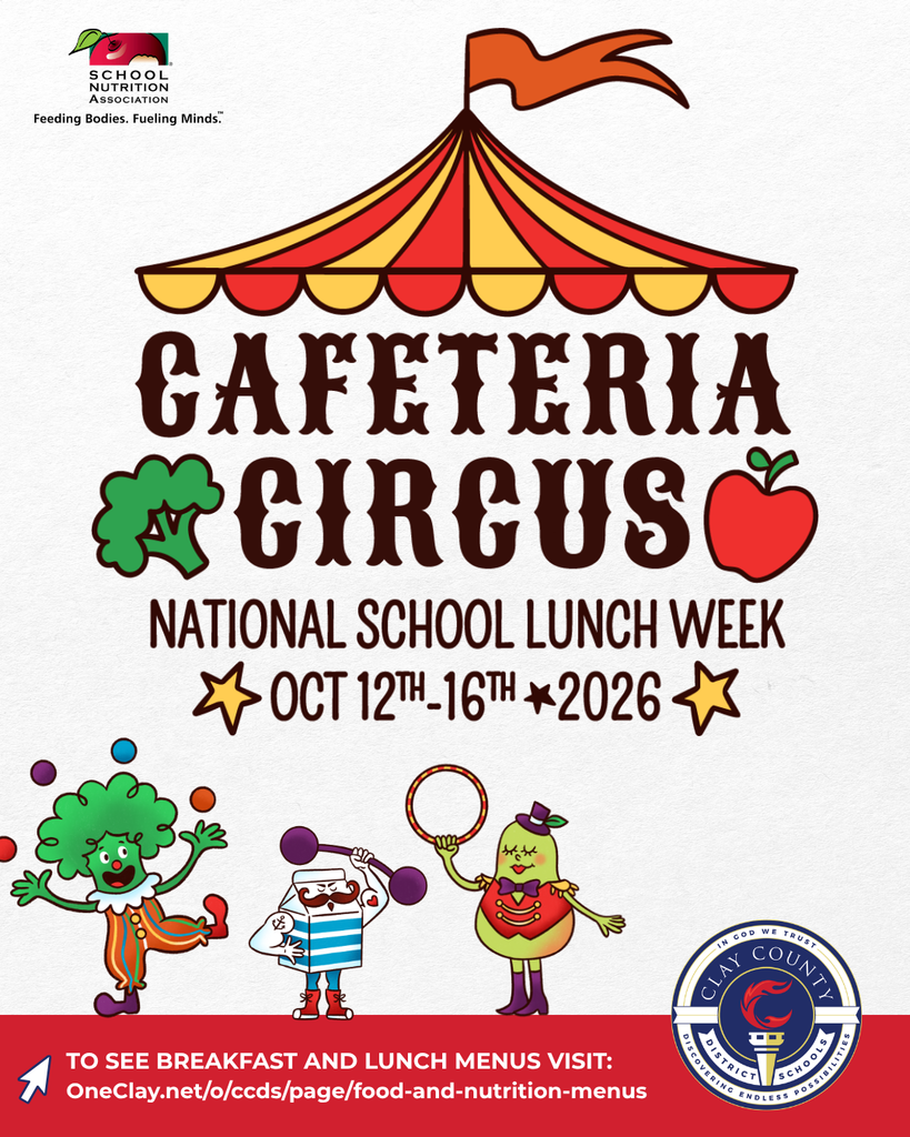 A banner with a tent, a red apple, broccoli, and a tomato character. It reads "Cafeteria Circus" and "National School Lunch Week" for October 12th-16th, 2026.