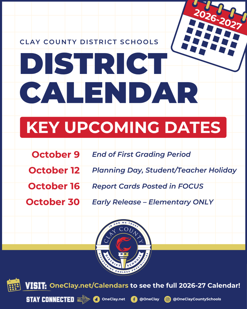 District calendar with key dates for Clay County schools, including end of the first grading period, planning day, and early release for elementary schools.