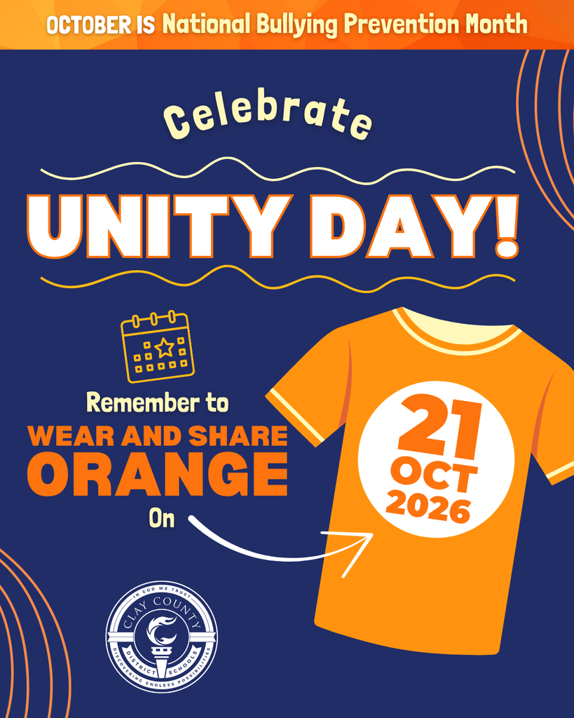 An orange shirt and white logo on a blue background. The shirt has an arrow pointing to an orange circle with text.