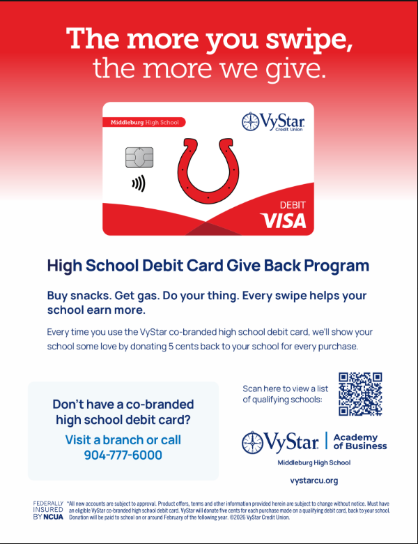 Advertisement for VyStar's debit card for high school students. It highlights the card's benefits and the give-back program.