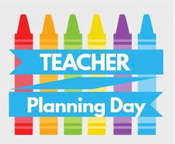 Rainbow-colored crayons in a line with a blue ribbon above saying "Teacher Planning Day" on a white background.