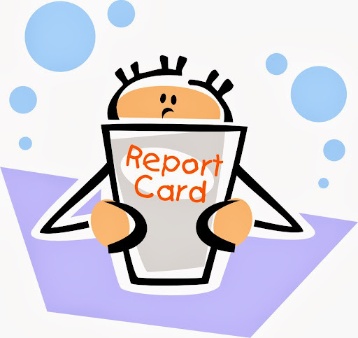 A cartoon figure holding a report card with the words "Report Card" written on it.