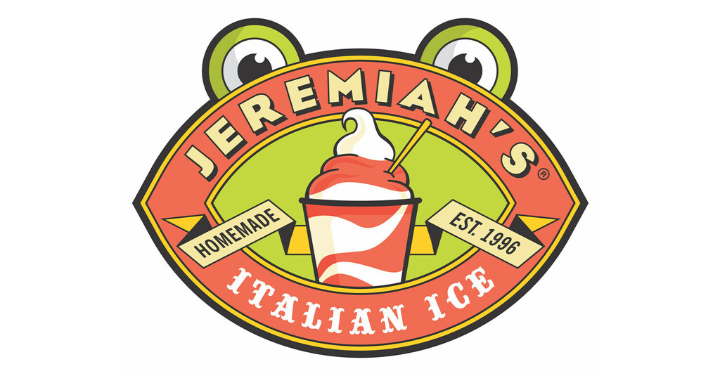A logo featuring a frog wearing glasses, a red and white ice cream with a cherry, and the text "Jeremiah's Italian Ice".