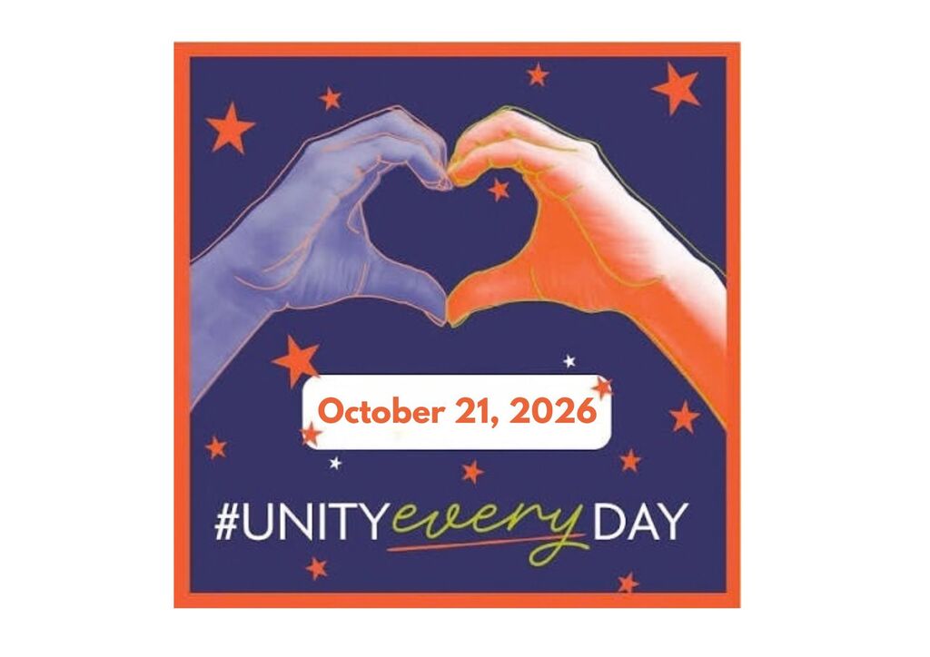 Hands form heart shape, blue and orange. Stars and hashtag "#UNITYEVERDAY" appear. Date "October 21, 2026" below. Blue background.