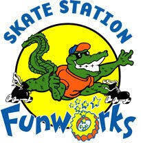A logo with a green alligator wearing orange shirt and red cap, holding black shoes. "SKATE STATION FUNWORKS" text is written around the logo.