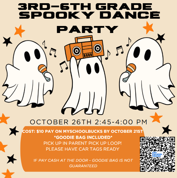Poster with three ghosts holding a speaker and microphones. Text reads "3rd-6th Grade Spooky Dance Party" and "October 26th 2:45-4:00 PM."