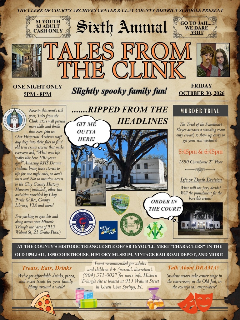 Flyer advertising "Sixth Annual Tales From the Clink," featuring a spooky newspaper style, a woman's image, a building, and an old tree.