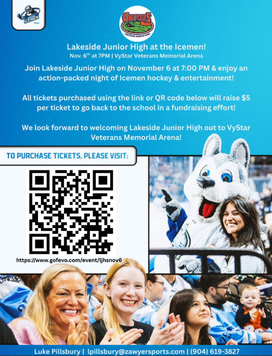 A flyer invites viewers to Lakeside Junior High's ice hockey event on Nov 6. It features a QR code, a mascot, and photos of smiling attendees.