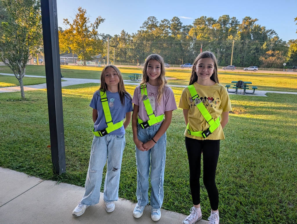 Three girls wearing neon green safety harnesses standing in a park with green grass and trees.