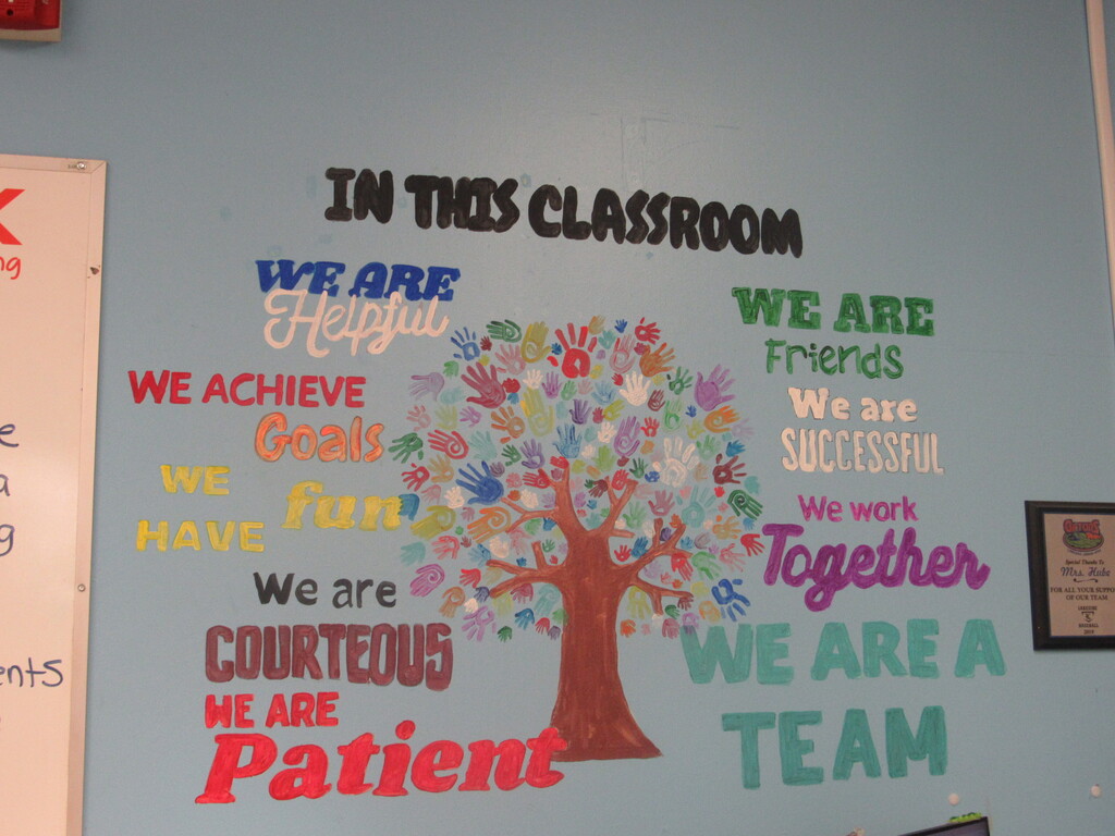 A wall displays a tree with multiple hands and text including "We are a team," "We are patient," and "We are successful."