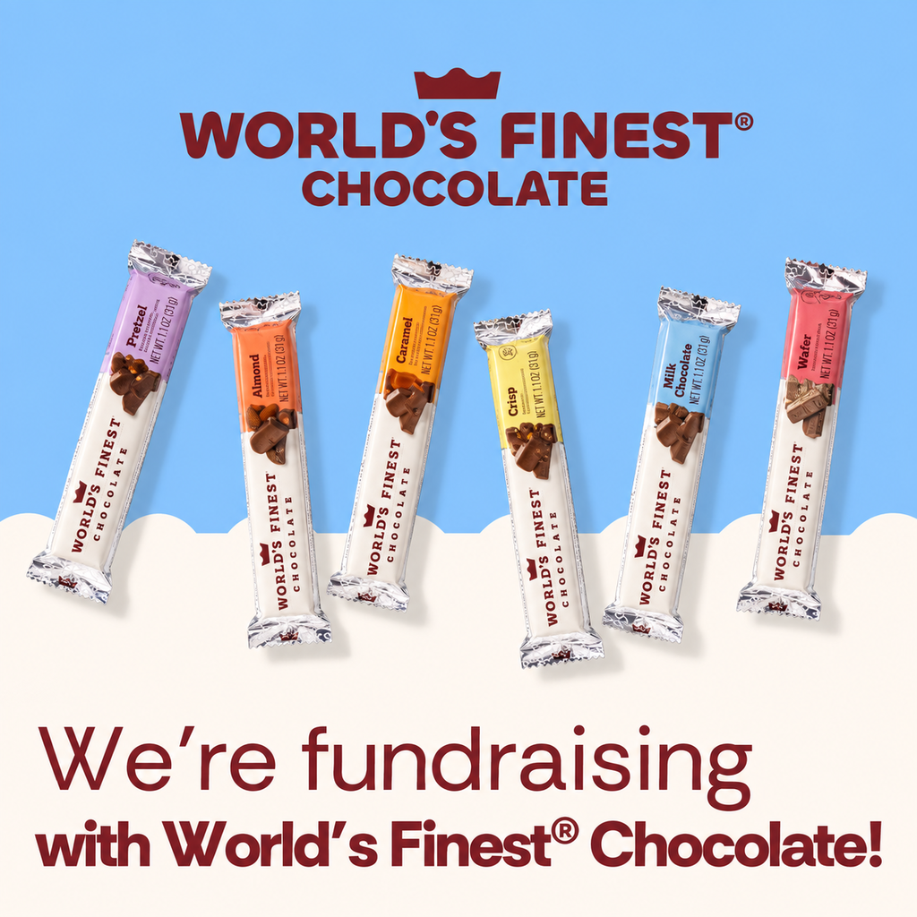 Five chocolate bars in varied colors. The text reads, "World's Finest Chocolate." Below, the text reads, "We're fundraising with World's Finest Chocolate!"