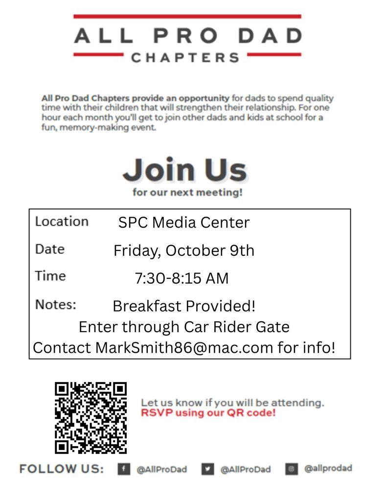 An event flyer for All Pro Dad Chapters features location details and contact information. A QR code and social media handles are provided.
