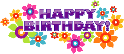 Bright, colorful flowers surround large white text reading "Happy Birthday!" on a black background.