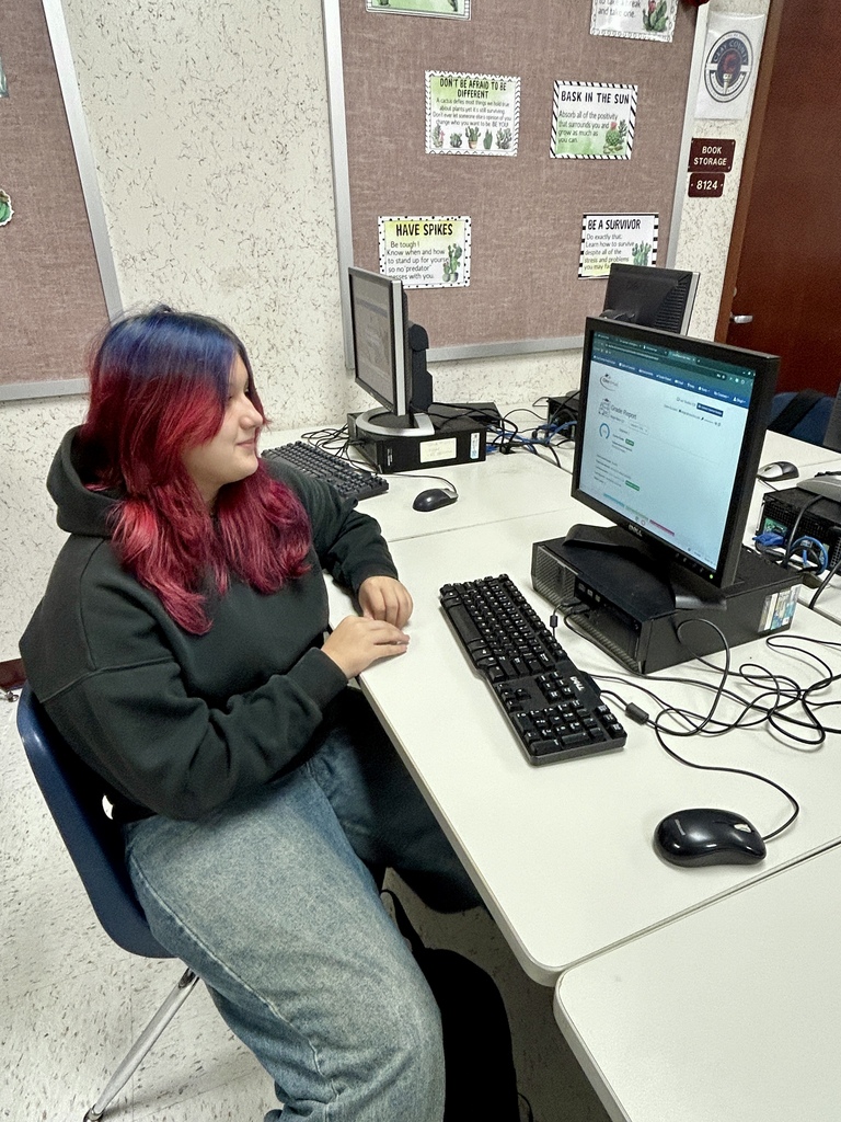 A person with red hair sits at a computer desk with a keyboard, mouse, and monitor.
