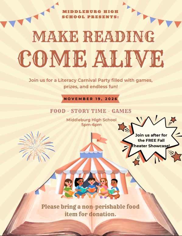 A poster for a literacy carnival. It features a tent, children reading, and a book open. A fireworks display is in the background.