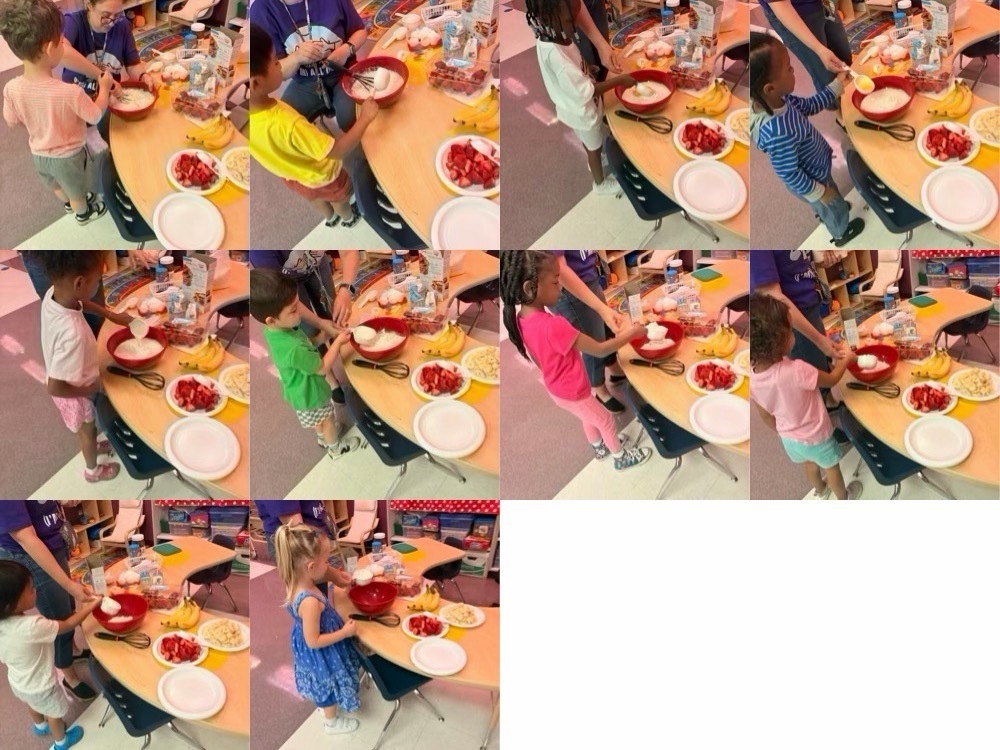 Multiple images show children in a classroom setting around a table with various foods. Plates, bowls, and fruits are visible.