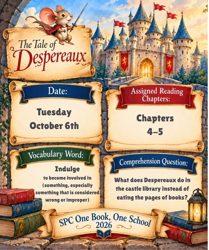 A book reading assignment card with castle in the background. It reads "The Tale of Despereaux" and lists "Tuesday October 6th" as the date.