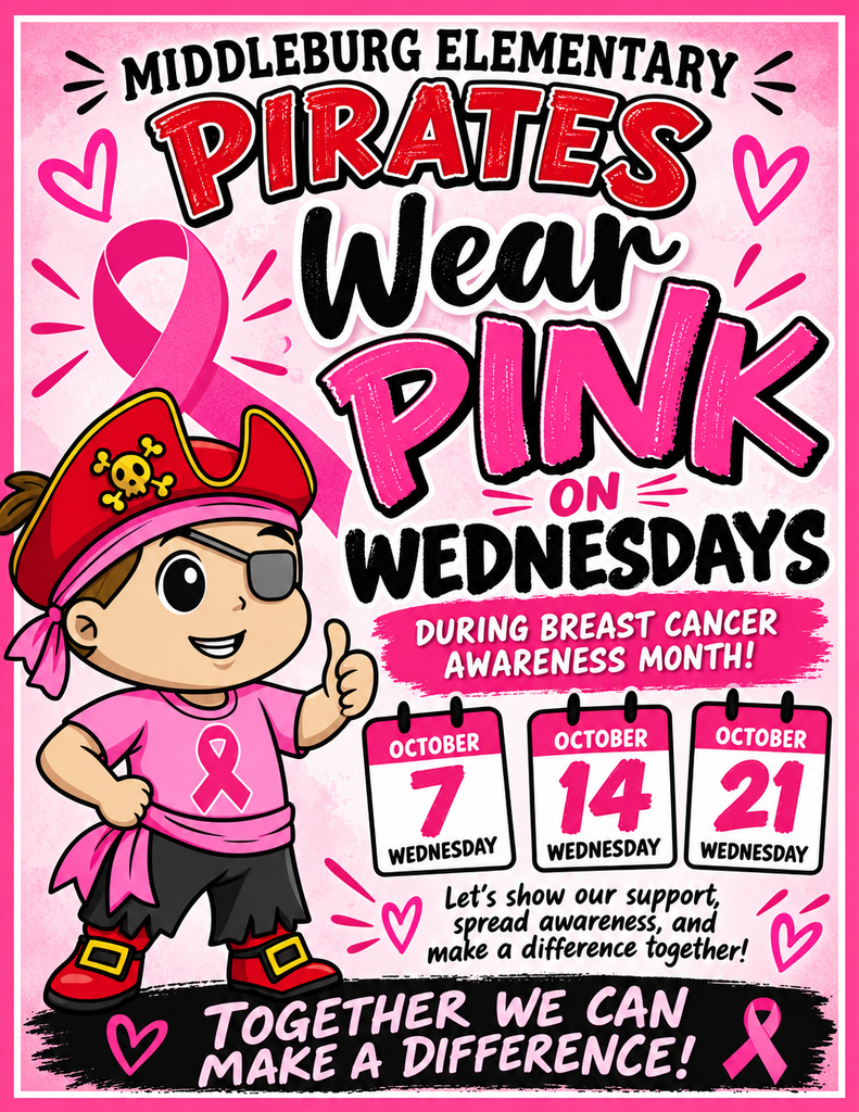 A poster shows a cartoon pirate with a pink ribbon, encouraging children to wear pink on Wednesdays for breast cancer awareness.